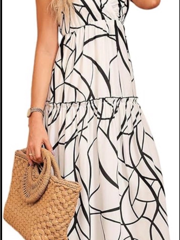 Chicwish White Maxi Dress With Black Abstract Line Pattern